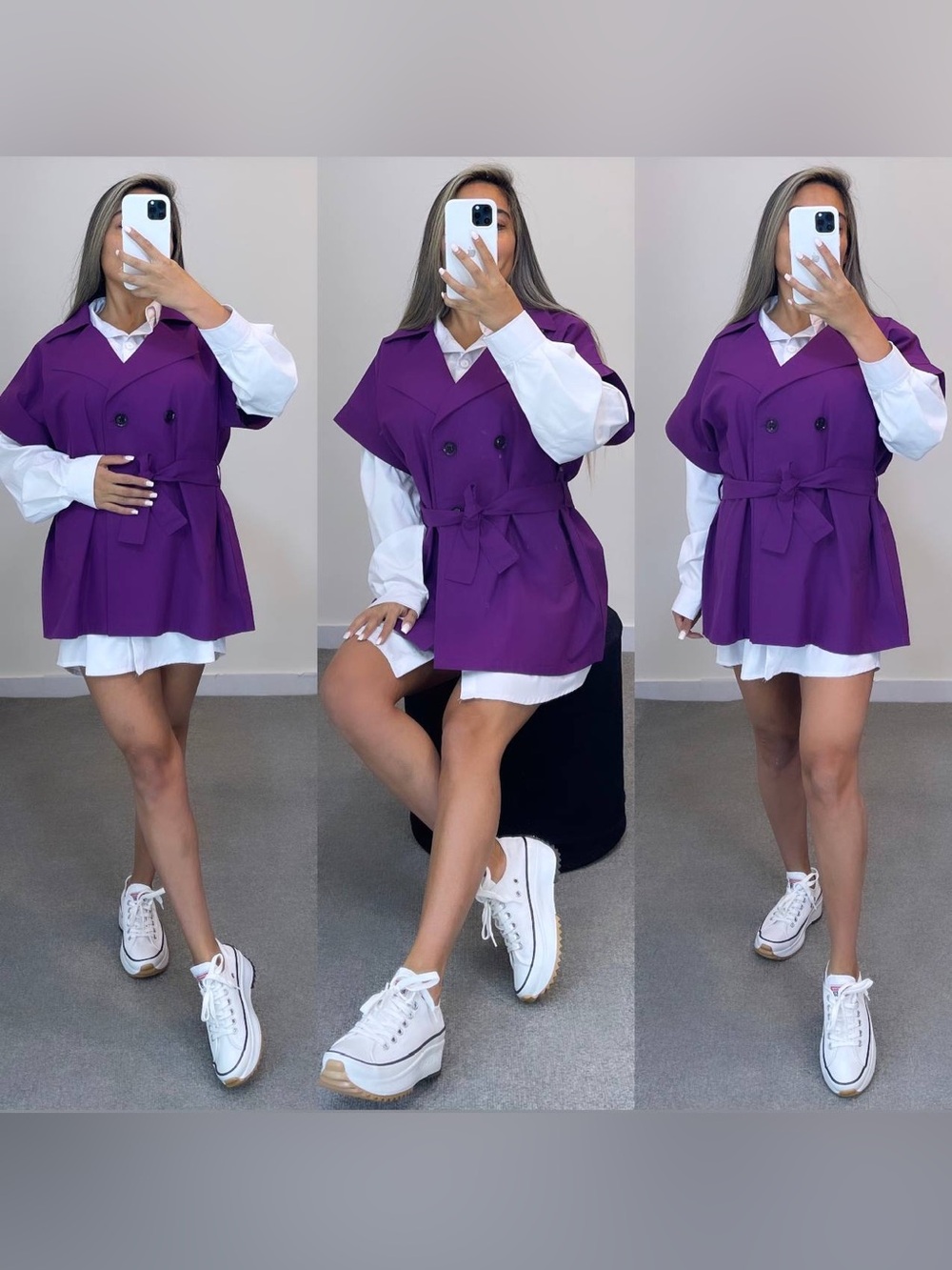 2 pieces Purple Belted Short Trench Jacket